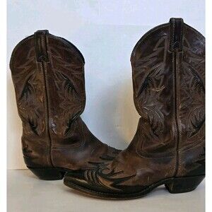 Code West Cowboy Boots Mens 8M  Brown Black Inlay Two Tone Brown Western Barn